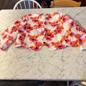 Kasper Womens Floral Scalloped Hem Blazer Pink Orange Matelasse CroppedJacket 18